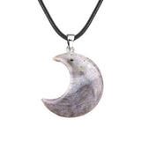 Natural Crescent Moon Necklace - Healing Crystal Moon Pendant with Black Leather Cord - Spiritual Reiki Jewelry for Women & Men