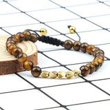 Men Natural Tiger Eye Black Onyx Lava Rock Bracelet, Adjustable Slider Braided Rope Beaded Bracelet with Gold Spacer Beads Energy Healing Wrist Jewelry