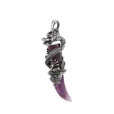 Vintage Stainless Steel Dragon Wrapped Tooth Pendant Necklace • Natural Healing Stone Horn Spike Charms • Gothic Punk Wiccan Crystal Jewelry