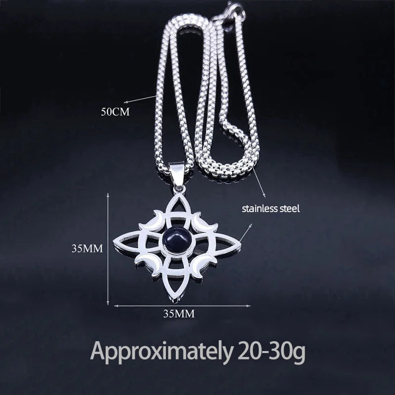 Stainless Steel Witch’s Knot Gemstone Necklace  Celestial Moon Goddess Pendant - Wiccan Protection Jewelry for Women & Men