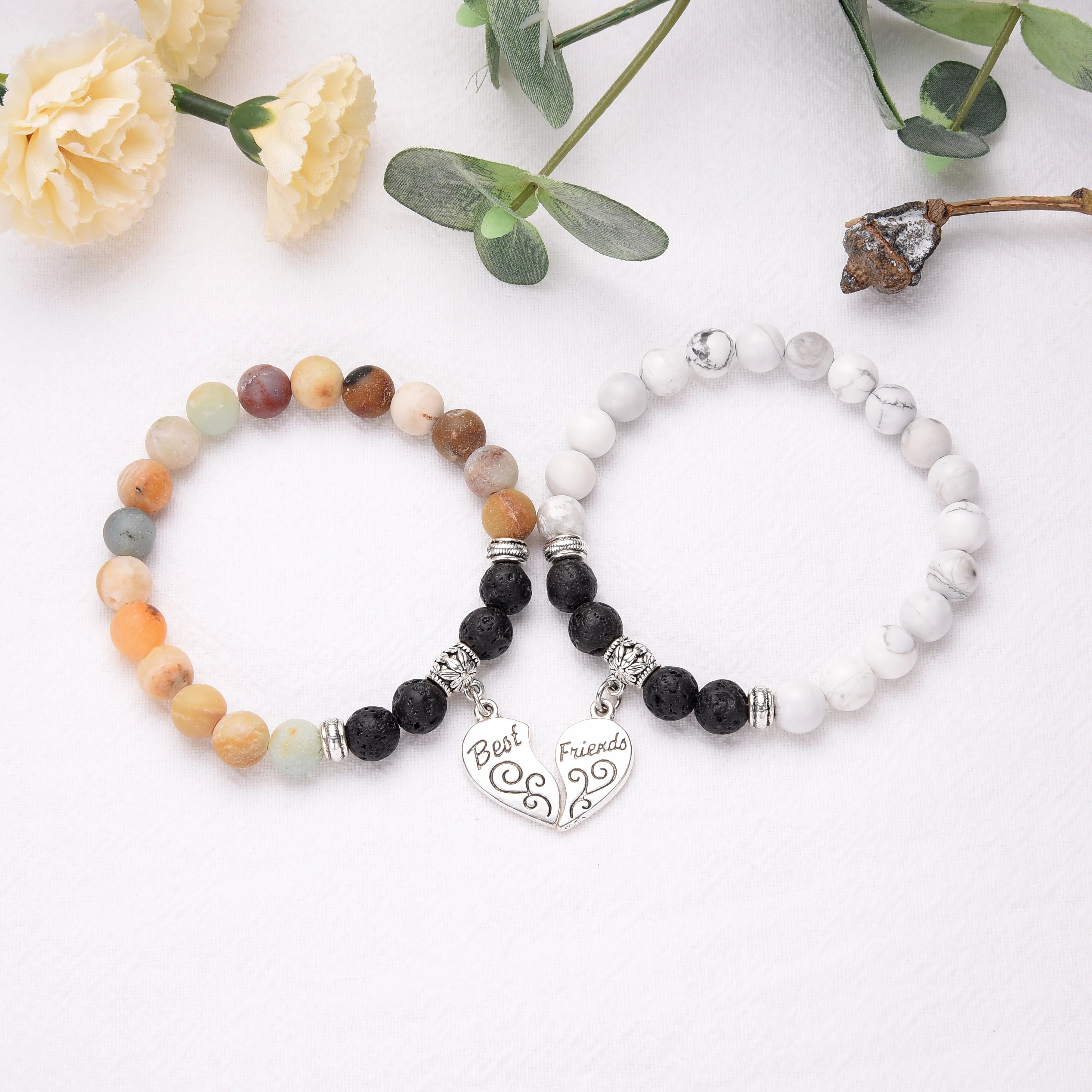 2Pcs Best Friend Split Heart Bracelet Set 8mm Natural Lava Rock Howlite Picasso Jasper Stretch Beaded Bracelets Couple Friendship Yoga Aromatherapy Jewelry Gift