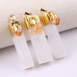 Natural Selenite & Raw Amethyst Pendant | Gold Plated Gypsum Strip Charm for Unisex Crystal Jewelry