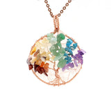 Chakra Tree of Life Wire Wrapped Pendant, Natural Crystal Chip Stone Round Pendant 45mm, Rose Gold Copper Handmade Wrapped Healing Reiki Crystal Necklace Pendant for Jewelry Making Gift