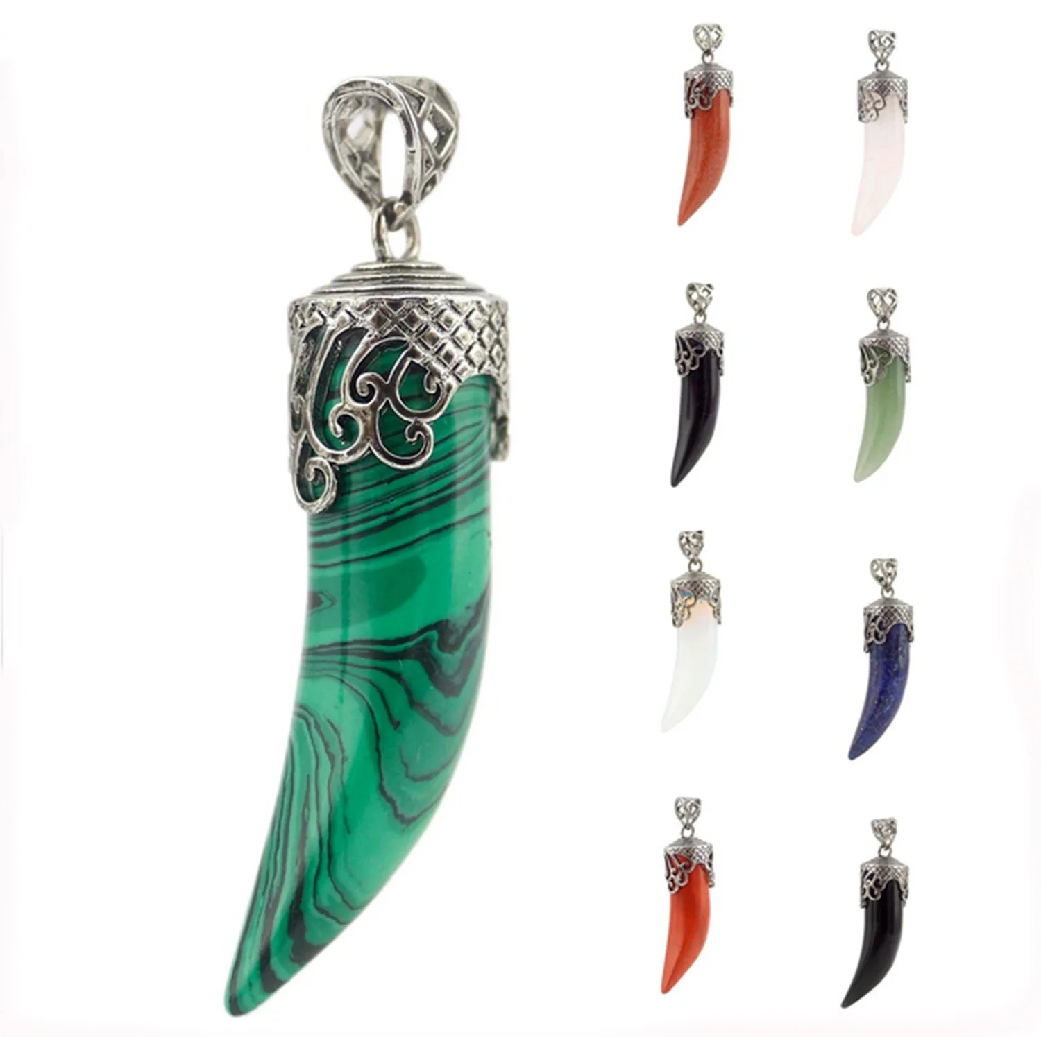 Antique Silver Filigree Cap Wolf Tooth Shaped Natural Gemstone Pendant, Horn Tusk Chakra Healing Crystal Charm for DIY Necklace Making