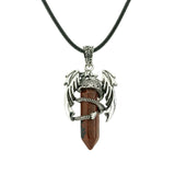 Gothic Winged Dragon Hexagonal Crystal Point Necklace, Vintage Silver Pterosaur Column Pendant, Punk Minimalist Protection Amulet with Black Rope Cord for Men & Women