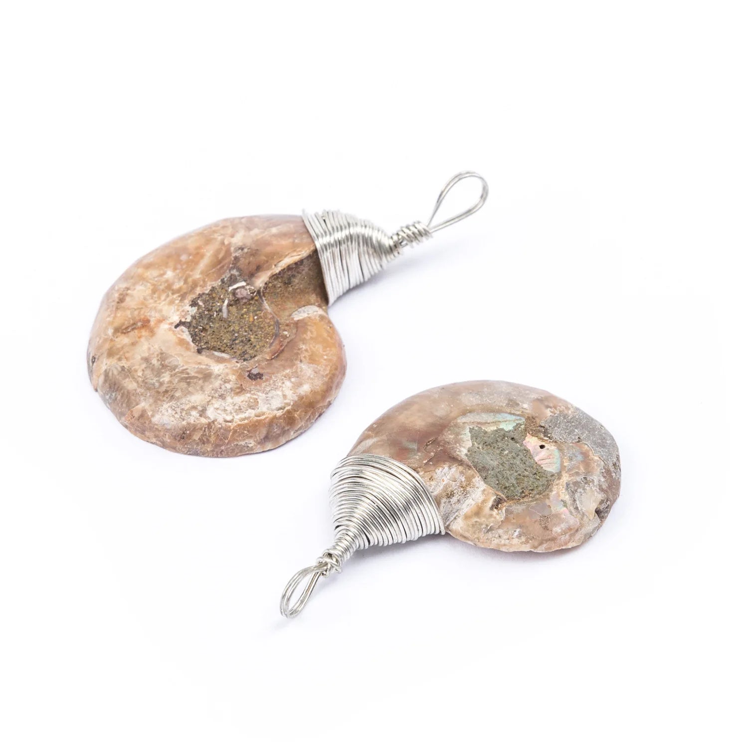 Hand Wire Wrapped Natural Ammonite Fossil Pendant, Spiral Conch Fossil Shell Charm for DIY Necklace Jewelry Making
