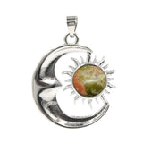 Natural Crystal Sun and Moon Pendant | Celestial Crescent Moon Gemstone Charm | Silver Alloy Sunburst Quartz Cabochon Jewelry Findings for DIY Making
