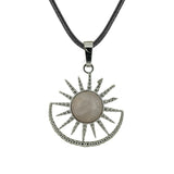 Vintage Sun Burst Crystal Pendant Necklace - Natural Gemstone Leather Cord Choker