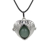 Angel Wing Heart Crystal Ball Pendant Necklace Silver Plated Natural Round Stone Chakra Healing Black Wax Cord Necklace for Women