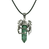 Gothic Winged Dragon Hexagonal Crystal Point Necklace, Vintage Silver Pterosaur Column Pendant, Punk Minimalist Protection Amulet with Black Rope Cord for Men & Women