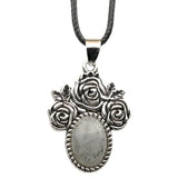 Silver Rose Flower Oval Gemstone Necklace 45CM Black Cord SN1503  10X14mm Stone Cab Pendant Jewelry