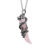 Gothic Silver Dragon Coiled Crystal Fang Necklace • Retro Mythical Creature Natural Gemstone Horn Pendant • Matching Couple Amulet Jewelry