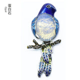 Enamel Bird Parrot Natural Gemstone Pendant, Colorful Enamel Alloy Bird On Branch Inlaid Oval Cabochon Crystal Pendant, Chakra Reiki Healing DIY Necklace Jewelry Charm