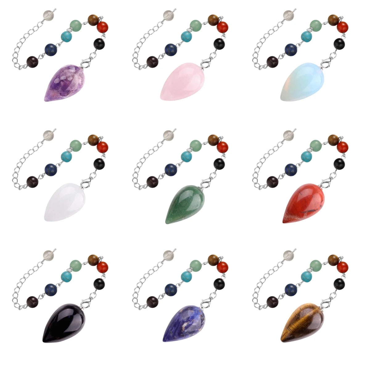 Natural Stone Droplet Pendulum Chakra Alignment Beads Ornate Crystal Teardrop Charm with Silver Link Chain Spiritual Wellness Protection Amulet