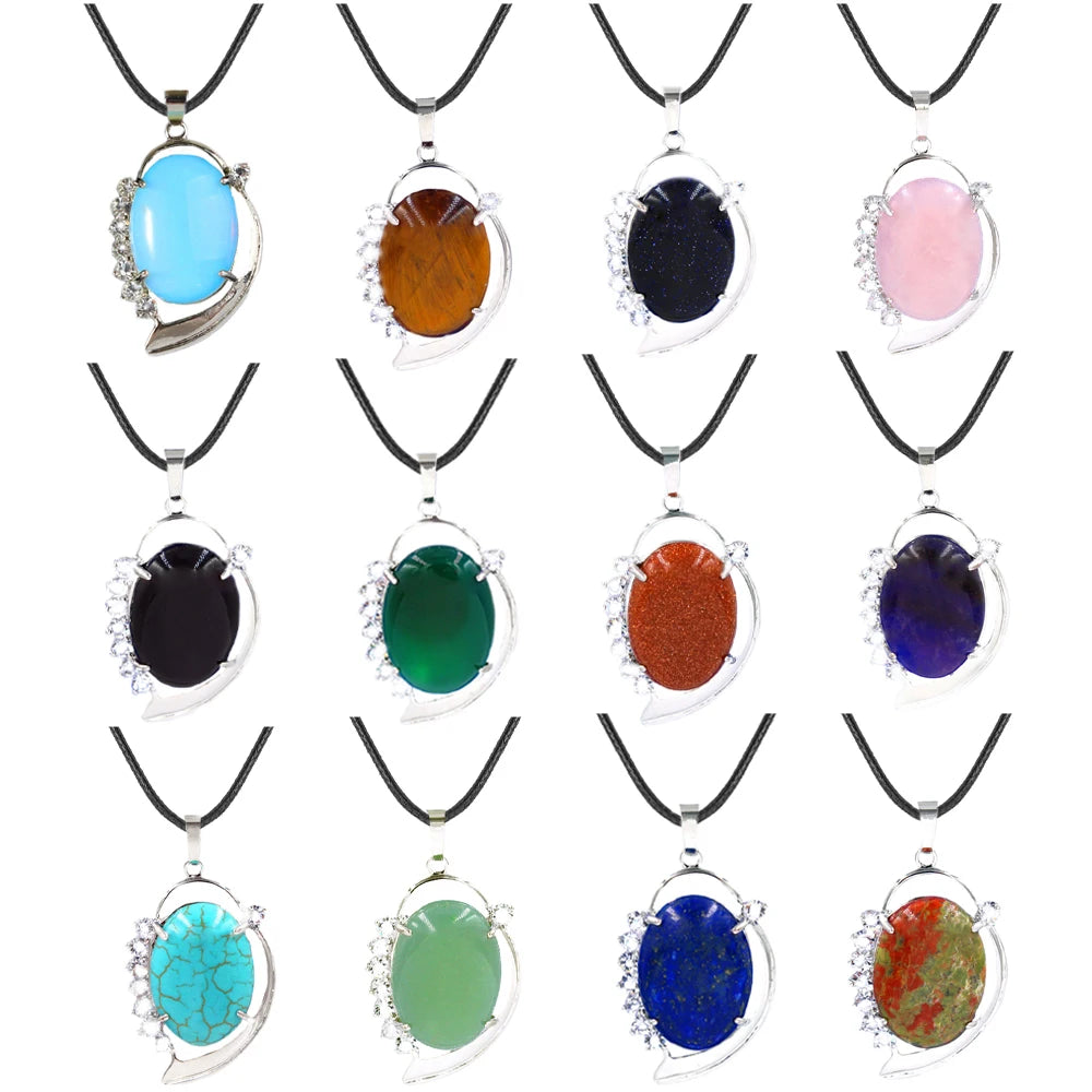 Natural Oval Crystal Stone Pendant Silver Leaf Wrapped Crystal Pendant Necklace Reiki Chakra Healing Crystal Jewelry for Women Multiple Gemstone Options