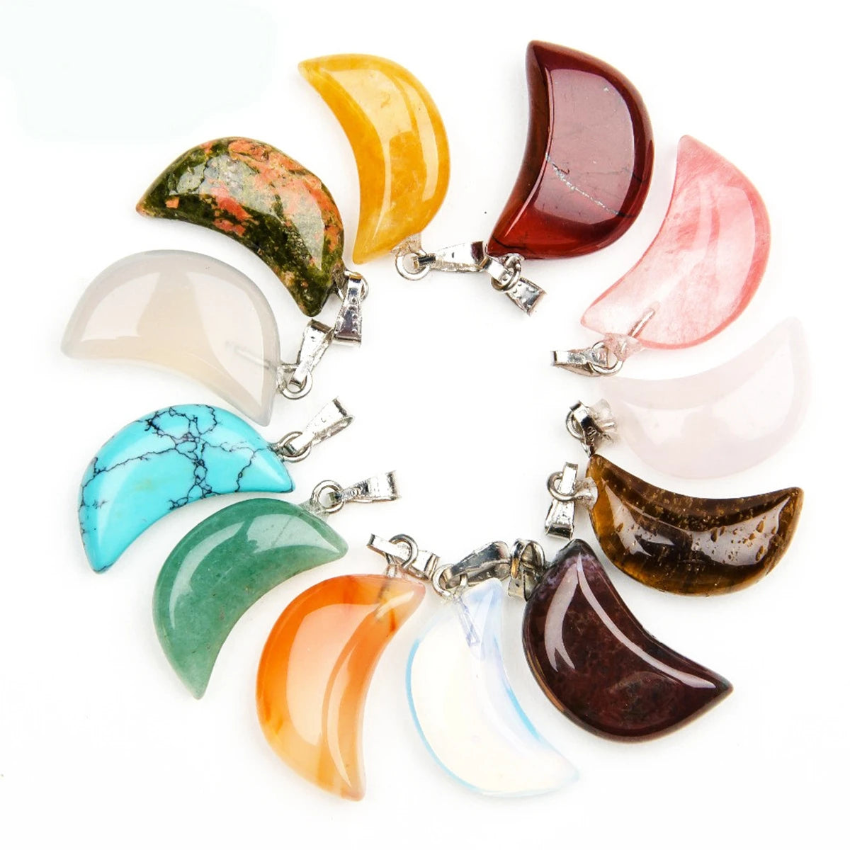 13×18mm Natural Crystal Moon Pendant, Healing Chakra Gemstone Charms for Jewelry Making
