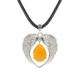 Vintage Silver Angel Wings Heart Necklace - Natural Stone Wax Cord Teardrop Pendant for Men & Women, Spiritual Gift