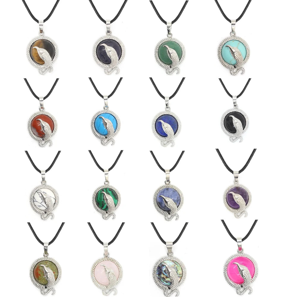 Eagle Silhouette Round Pendant Necklace Silver Lace Frame Natural Crystal Black Wax Cord Spirit Animal Jewelry