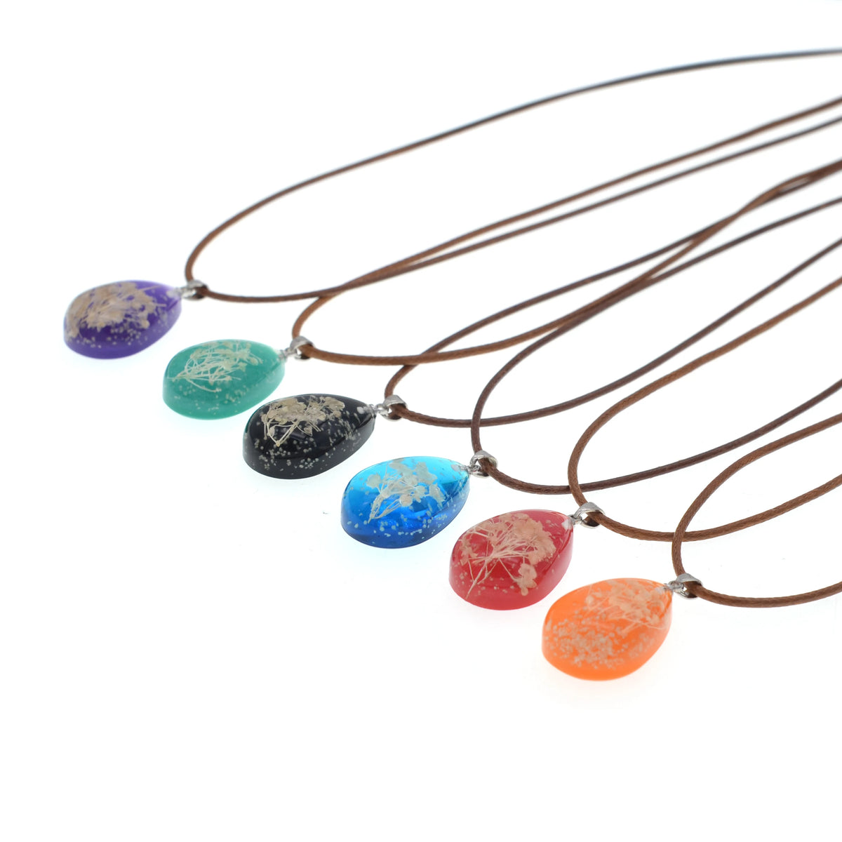 Vintage Bohemian Resin Teardrop Necklace with Embedded Real Dried Flower, Brown Faux Leather Cord Pendant Necklace for Daily Wear