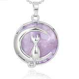 Round Natural Gemstone Pendant Silver Tone Crescent Moon Cat Crystal Charm for DIY Jewelry Making Necklace Craft Supplies
