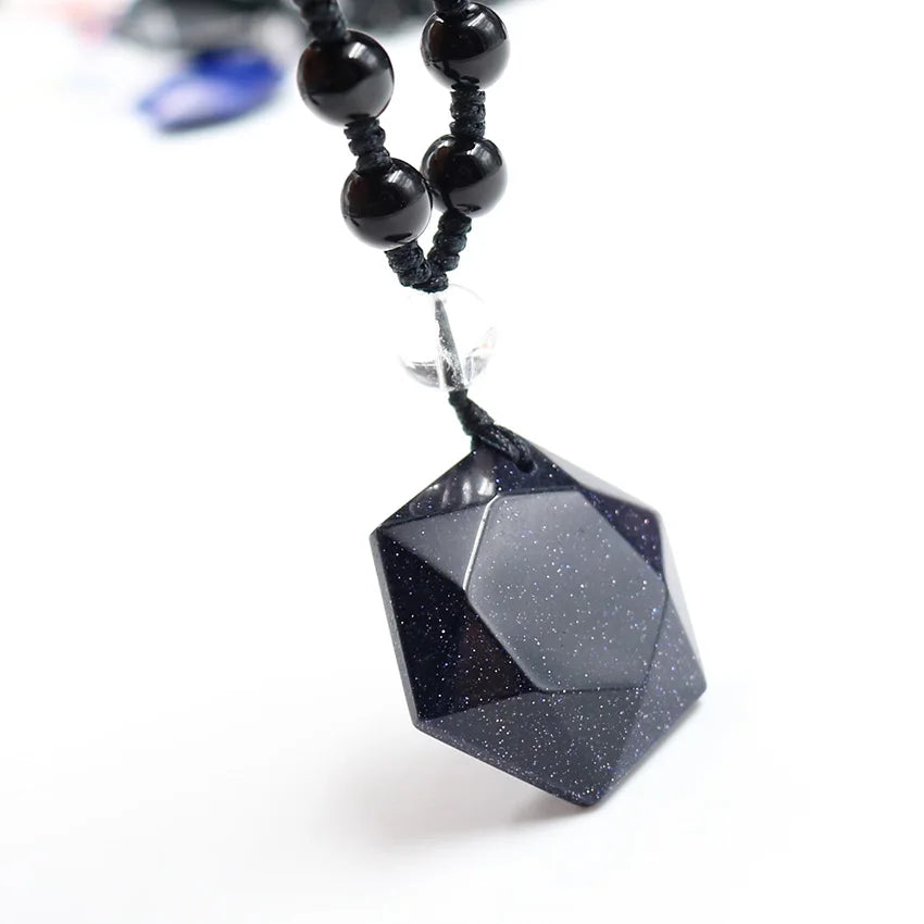 Hexagram Star Faceted Natural Stone Pendant Necklace, Black Bead Adjustable Braided Rope Mala Necklace, Spiritual Protection Amulet Jewelry
