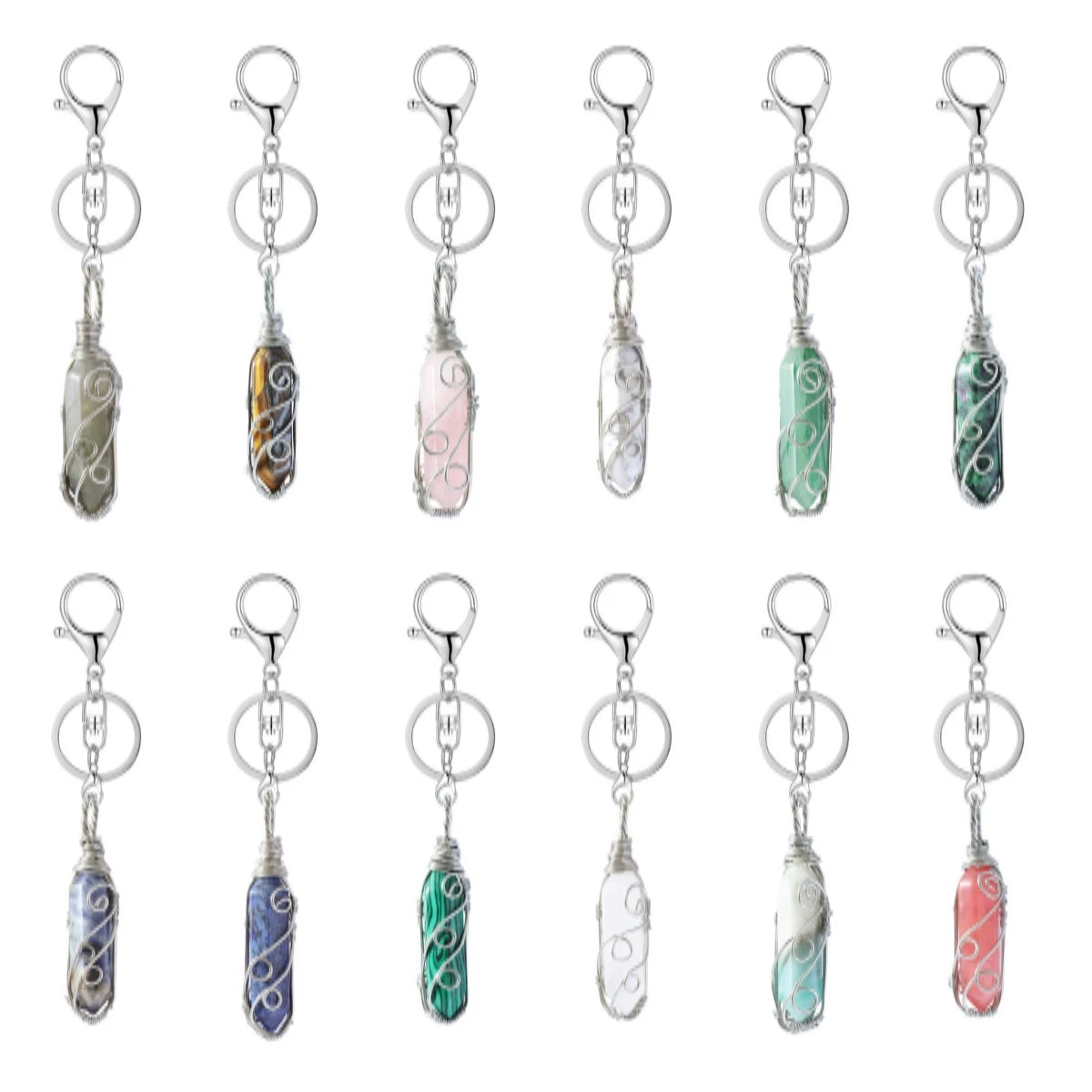 Handmade Wire Wrapped Hexagonal Point Gemstone Pendant Keychain #KC1753