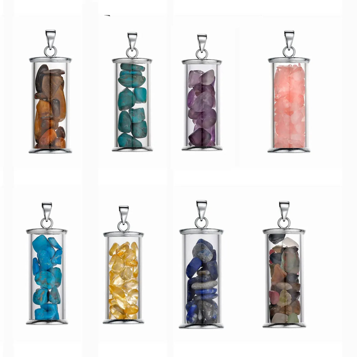 Natural Chip Crystal Glass Bottle Pendant, Stainless Steel Frame Wishing Bottle Filled Gemstone Gravel Pendant Reiki Chakra Healing DIY Necklace Charm for Jewelry Making
