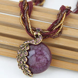 Boho Multi‑Strand Thread Cord Necklace, Vintage Carved Round Stone Ball Pendant Necklace, Ethnic Handmade Statement Necklace for Women 47.5cm