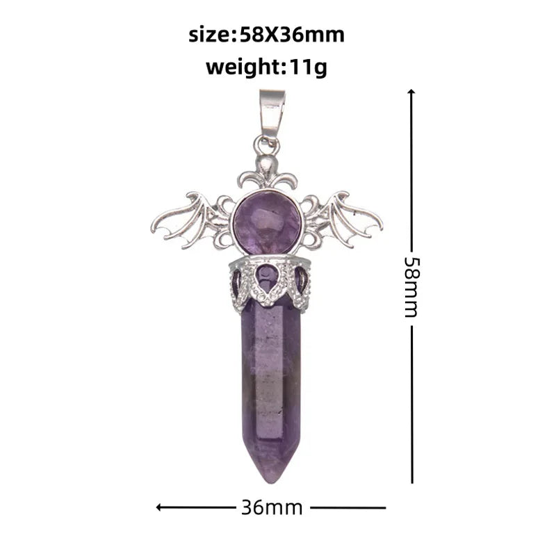 Natural Crystal Angel Wings Keychain | 58×36mm Hexagonal Prism Pendant for Backpack & DIY Jewelry