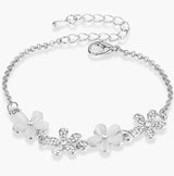 Elegant Five-Petal Flower Bracelet for Women Rose Gold Silver Plated Cat Eye Stone & Rhinestone Adjustable Bracelet, Wedding Party Jewelry Gift