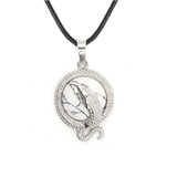Eagle Silhouette Round Pendant Necklace Silver Lace Frame Natural Crystal Black Wax Cord Spirit Animal Jewelry