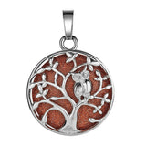 Natural Crystal Tree of Life Owl Pendant Necklace – 30mm Round Gemstone Amulet Jewelry Gift for Women