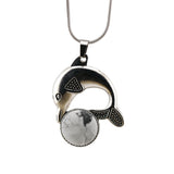 Vintage Silver Dolphin Pendant Necklace • Antique Ocean Whale Animal Locket with Snake Chain • Natural Gemstone Crystal Choker for Men Women