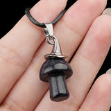 3cm Natural Crystal Mushroom Pendant Necklace | Silver-Plated Witch Hat Gemstone Charm with Black Cord
