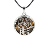 Hamsa Hand Hollow Pendant Necklace, Silver Plated Natural Crystal Inlay Black Wax Cord Protection Necklace for Women