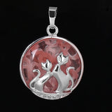 Natural Gemstone Round Pendant Silver‑Tone Double Cat Silhouette Overlay Charm, Mixed Crystal Stone Cat Lover Pendant DIY Necklace Jewelry Making Reiki Healing