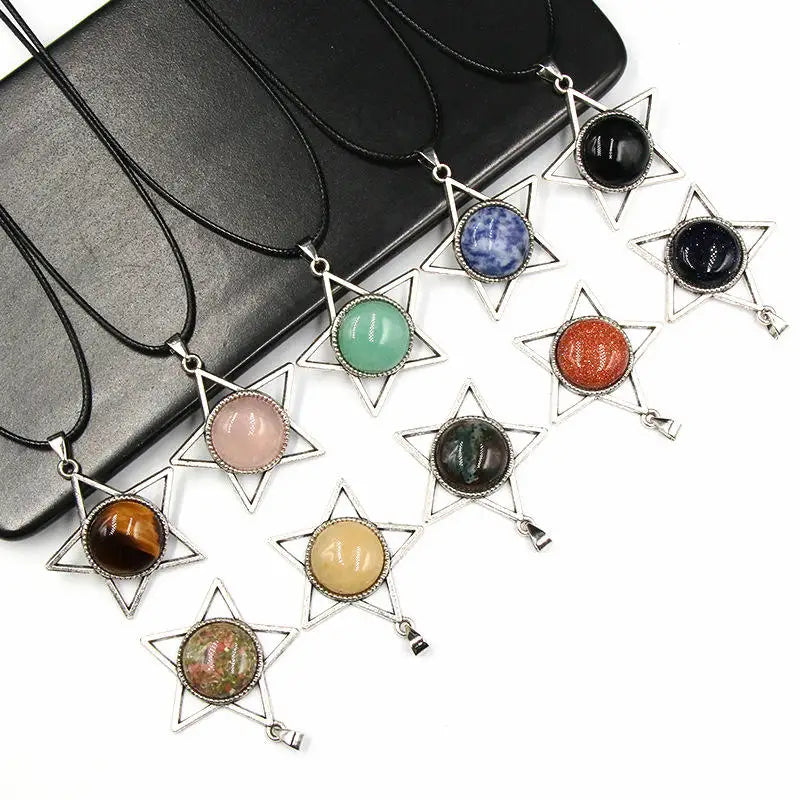Star Pentagram Crystal Necklace | 40mm Natural Gemstone Pendant, Bohemian Healing Jewelry Gift
