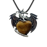 Vintage Silver Alloy Dragon Heart Crystal Necklace | Natural Stone Wax Cord Pterosaur Pendant for Men & Women, Cosplay, Daily Wear
