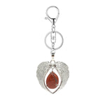 Silver Angel Wings Heart Keyring - Natural Stone Teardrop Crystal Keychain for Purse, Backpack, Handbag, Car Keys