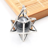 Merkaba Star Cage Natural Sphere Crystal Pendant Necklace, Silver‑Tone Metal Hollow Star Frame with Round Gemstone Bead Reiki Chakra Healing Necklace for Women