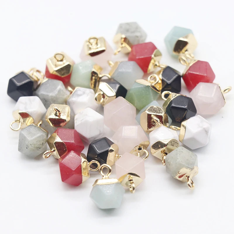 Gold Electroplated Cube Natural Stone Charms Pendants, 8×12mm Faceted Square Gemstone Bead Charms for Jewelry Making DIY Necklace Bracelet Bulk Supply