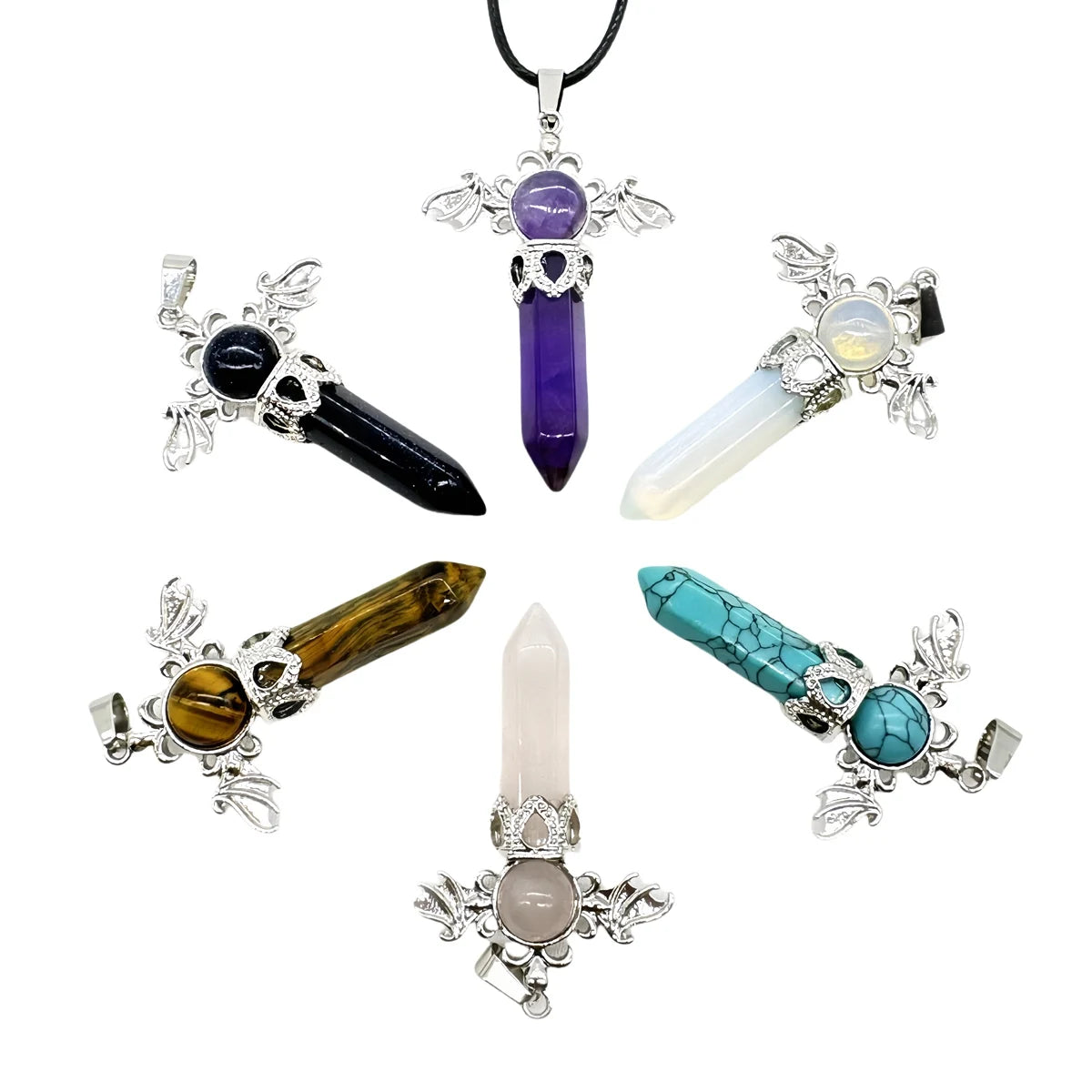 58×36mm Angel Wings Crystal Point Pendant | Natural Gemstone Hexagonal Prism Necklace for Men & Women
