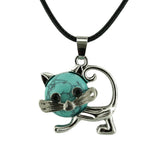 Natural Crystal Cat Pendant Necklace, Silver Alloy Frame Gemstone Charm, Healing Jewelry for Cat Lovers