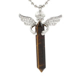 Silver Angel Wing Natural Crystal Point Pendant 35×65mm, Double Terminated Hexagonal Crystal Stone Charm, Reiki Chakra Healing Angel Guardian Pendant for DIY Necklace Spiritual Boho Jewelry Gift