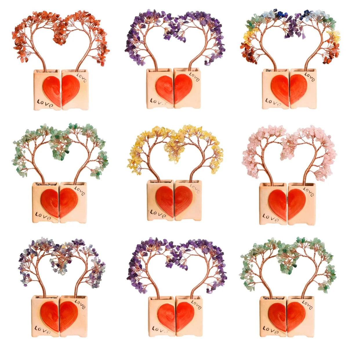Handmade Heart-Shaped Double Citrine Crystal Tree | Love Theme Feng Shui Copper Wire Gemstone Decor with Ceramic Base for Couple Gifts