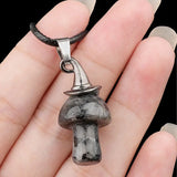 3cm Natural Crystal Mushroom Pendant Necklace | Silver-Plated Witch Hat Gemstone Charm with Black Cord