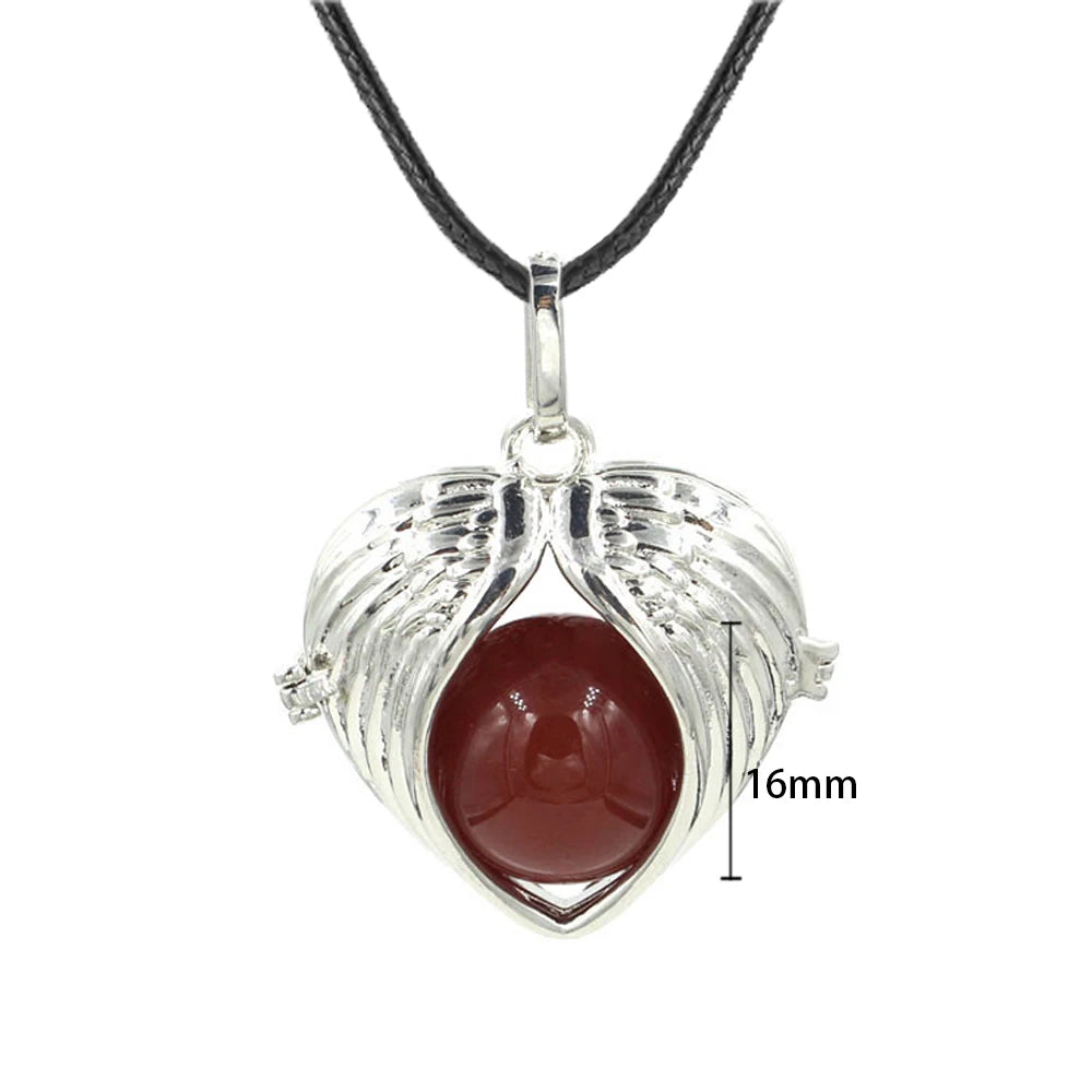 Angel Wing Heart Crystal Ball Pendant Necklace Silver Plated Natural Round Stone Chakra Healing Black Wax Cord Necklace for Women