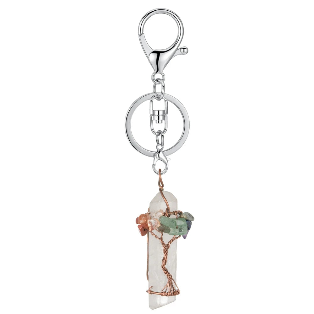 Chakra Gemstone Tree of Life Wire Wrapped Natural Clear Quartz Healing Crystal Point Pendant Key Chain Mother's Day Gift