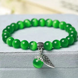 8MM Mystical Cat's Eye Stone Beaded Bracelets with Silver Leaf Accent Healing Elegant Inspired Jewelry