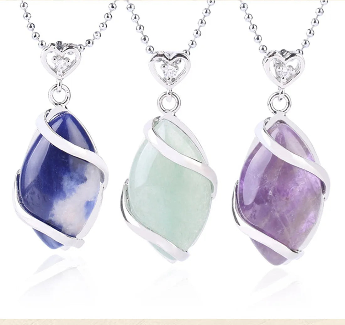 Natural Marquise Crystal Pendant Silver Wire Wrapped Gemstone Pendant Heart Zircon Bail Reiki Chakra Healing Stone Charm for DIY Necklace Jewelry